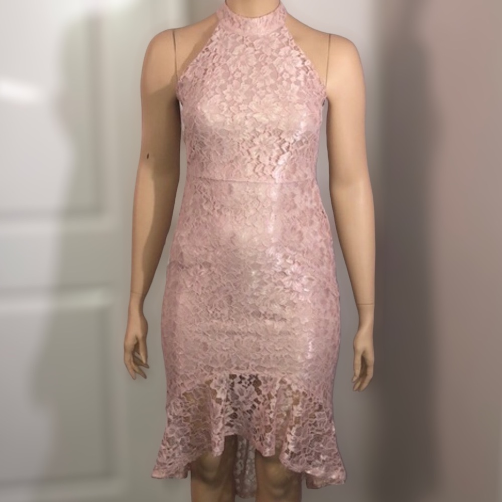 Halter lace pink dress with ruffles